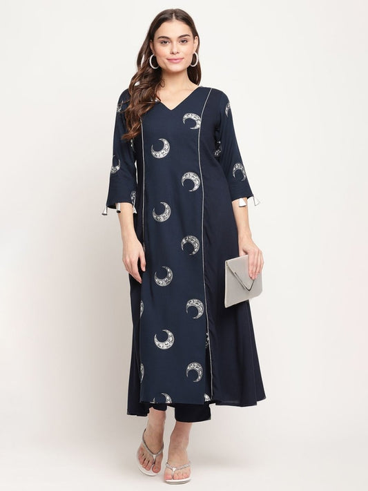 Ahalyaa Women's Navy Blue Rayon Foil & Khari Print Kurta Trouser Set | Swadesiicart