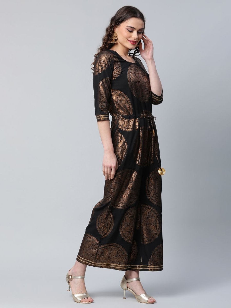 Ahalyaa Black Crepe Copper Foil Printed Jumpsuit - Swadesiicart