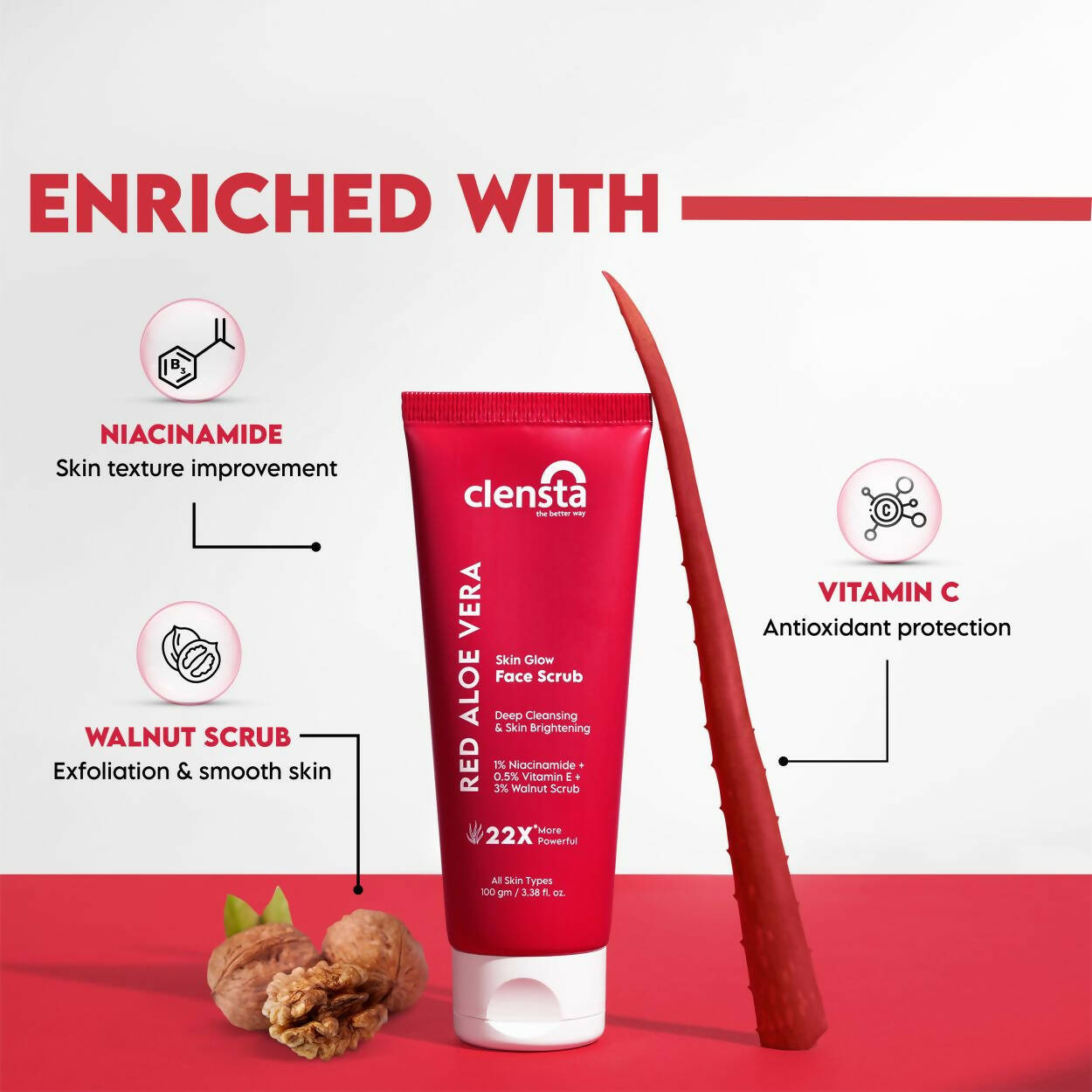 Clensta Red Aloe Vera Skin Glow Face Scrub - Swadesiicart