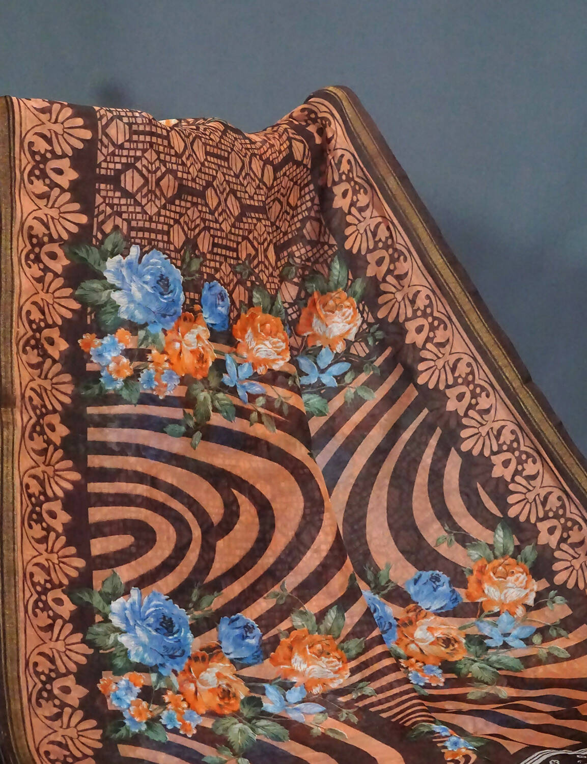 Shades Of Dark Coffee Brown With Floral Design Semi Chanderi Saree By Gayathri Reddy Designer Studio | Swadesiicart