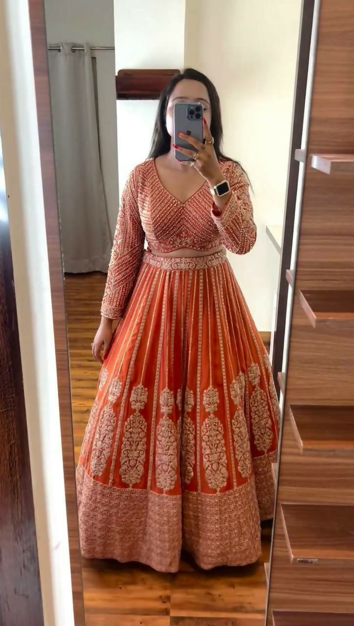 Jyoti Fashion Women's Orange Faux Georgette Sequins with Thread Embroidered Designer Lehenga Choli Set | Swadesiicart