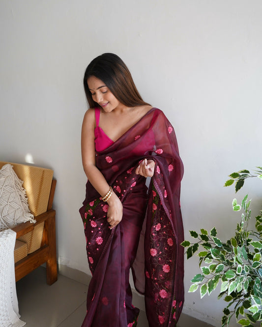 Vamsee Sarifaa Maroon Organza Saree - Swadesiicart