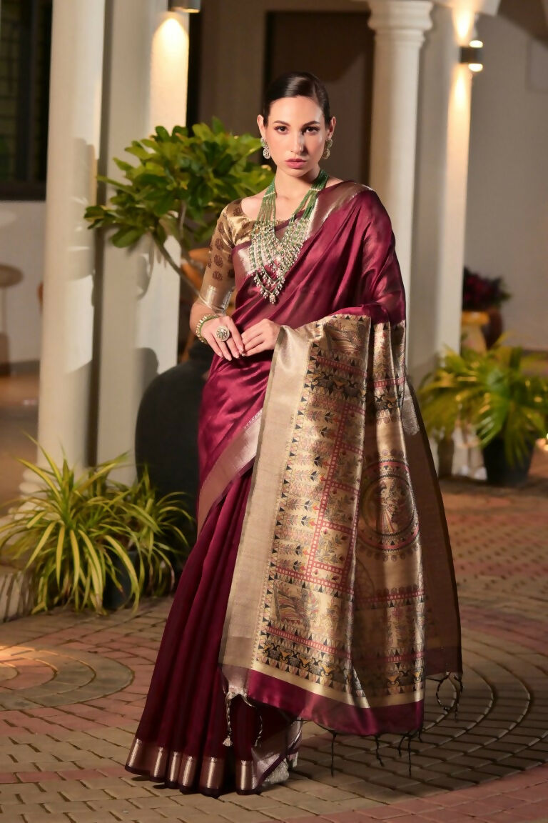 Vishnu Weaves Women's Maroon Soft Tussar Silk Printed Saree with Blouse - Swadesiicart
