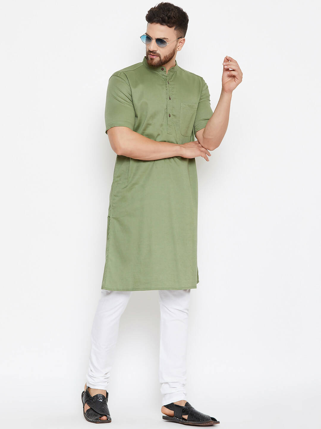 Even Apparels Green Color Pure Cotton Men's Kurta With Band Collar | Swadesiicart