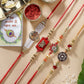 NVR Men Set of 4 Gold-Toned Stone-Studded & Beaded Rakhi With Roli Chawal & Chocolate | Swadesiicart