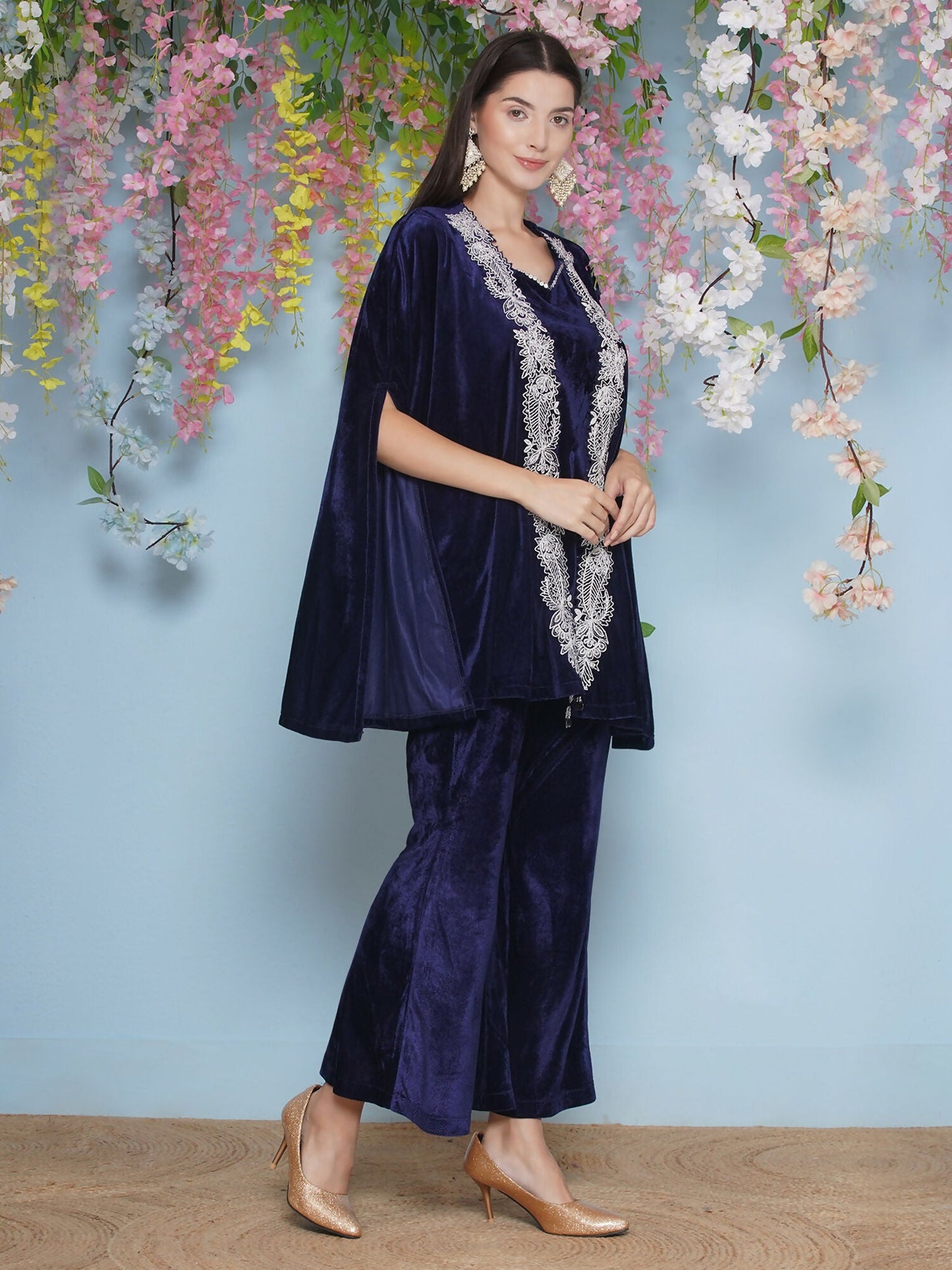 Joban Fashion Navy Blue Velvet Cape Set - Swadesiicart