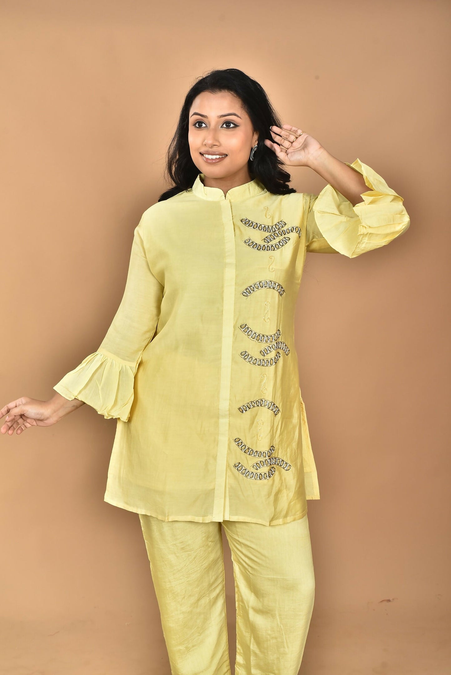 Morchari Women Hand Embroidery Co-Ords-Yellow - Swadesiicart