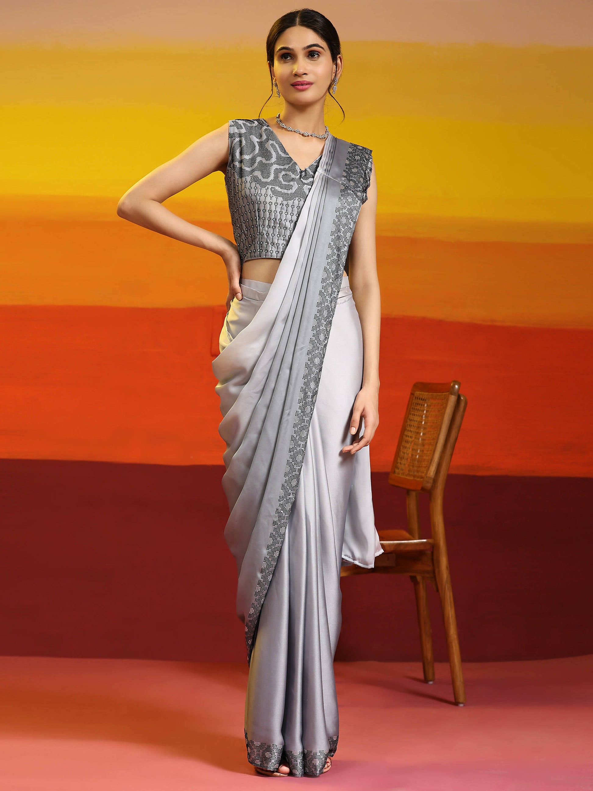 Grey Ombre Satin Georgette Plain Ready to wear Saree with stitched Blouse - Vrinda | Swadesiicart