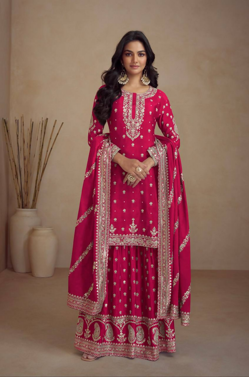 Lorenvalley Fashion Pink Chinon Embroidery With Sequince Work Salwar Kameez Stitched | Swadesiicart
