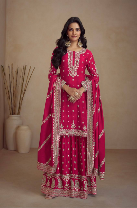 Lorenvalley Fashion Pink Chinon Embroidery With Sequince Work Salwar Kameez Stitched | Swadesiicart