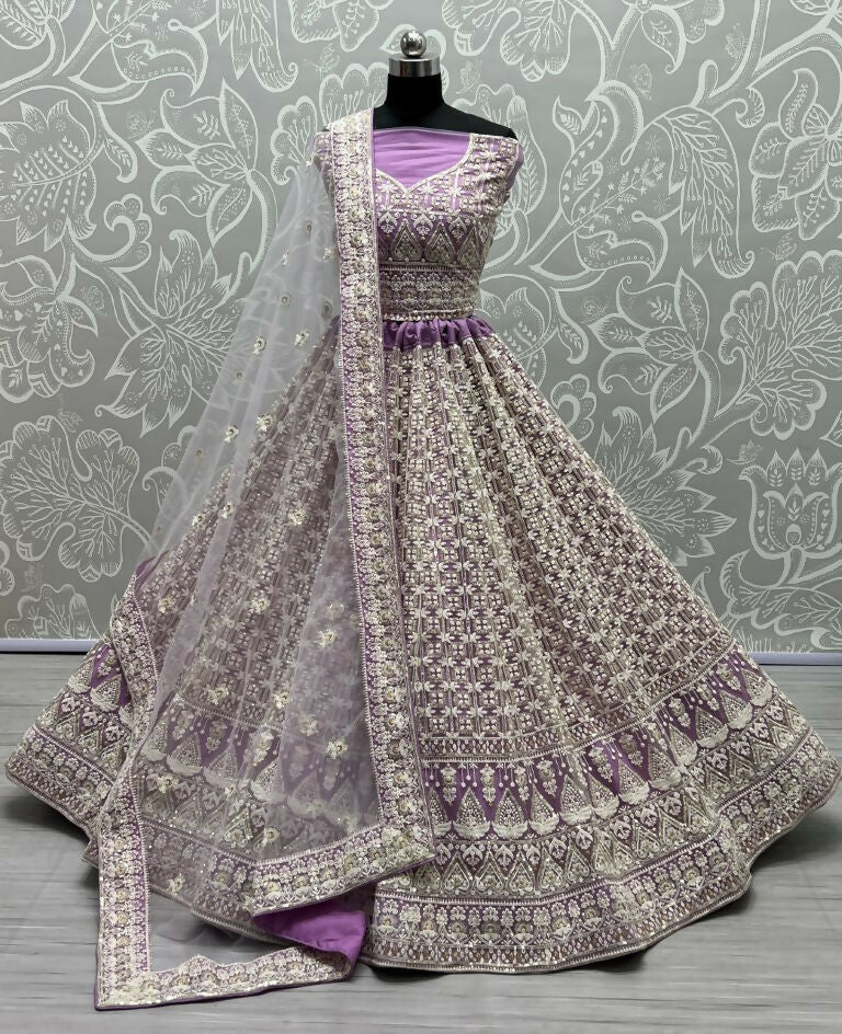Jyoti Fashion Women's Violet Bridal Net Fancy Sequins with Multi Thread Embroidered Wedding Lehenga Choli | Swadesiicart