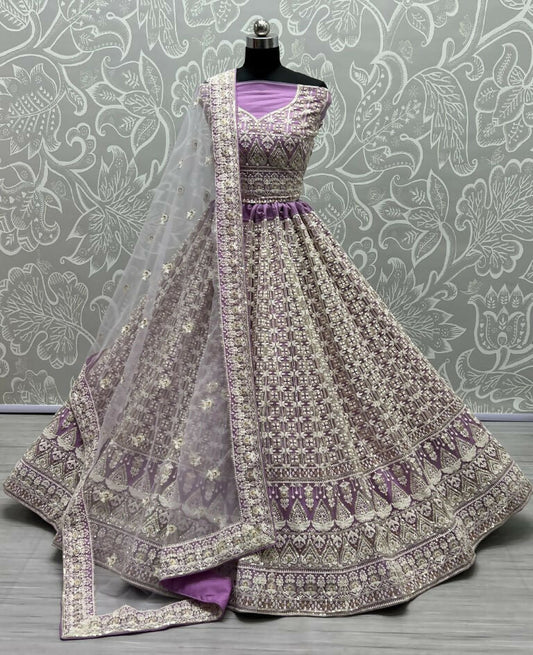 Jyoti Fashion Women's Violet Bridal Net Fancy Sequins with Multi Thread Embroidered Wedding Lehenga Choli | Swadesiicart