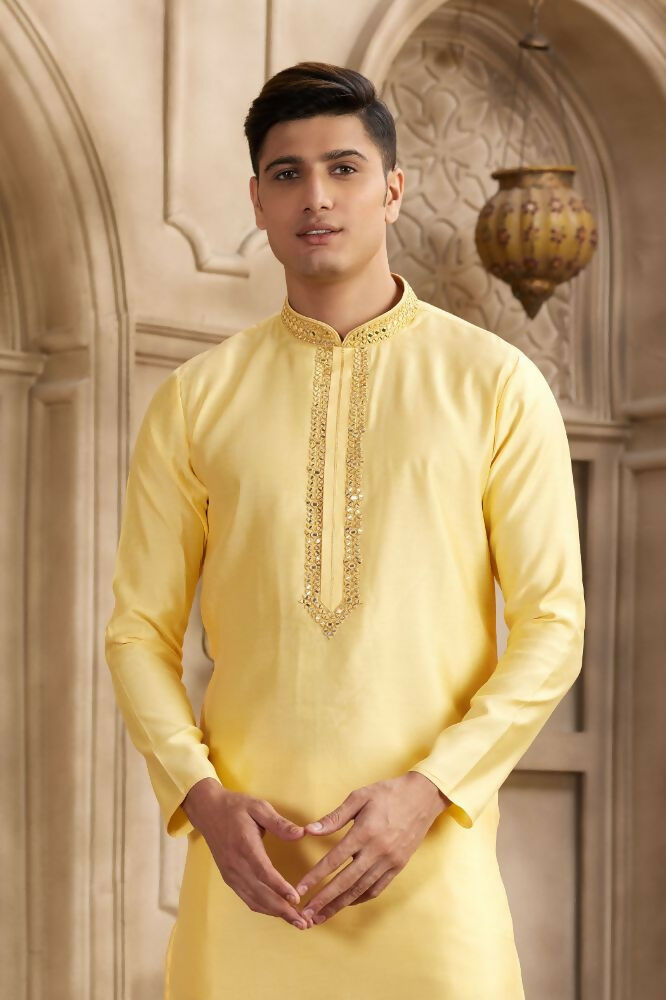 Raivat Ethnic Banarasi Art Silk Mirror Work Kurta Pajama In Yellow Colour | Swadesiicart