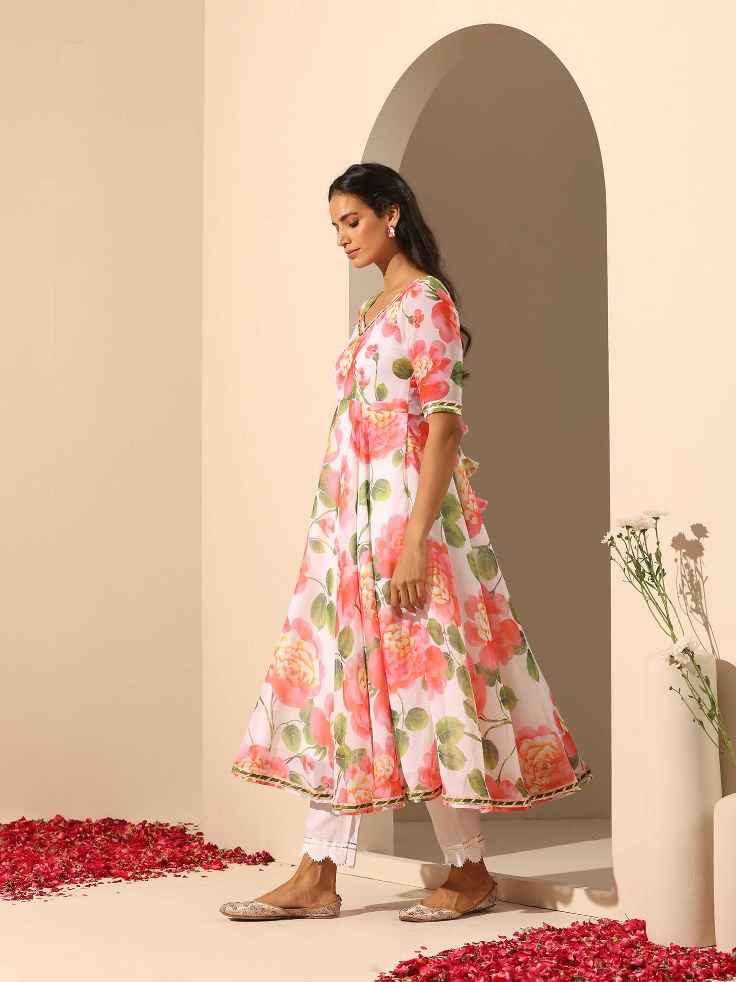 Pomcha Jaipur White Gul Noor Anarkali Set | Swadesiicart
