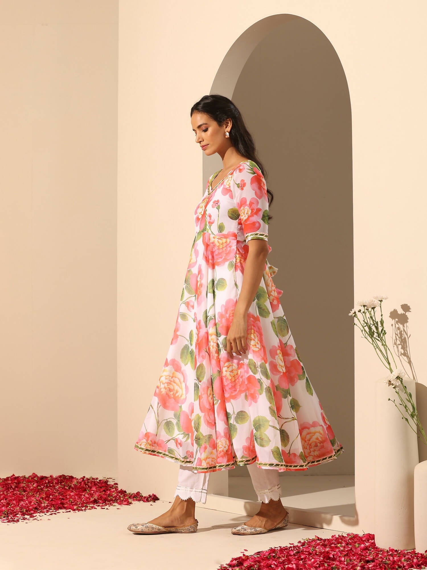 Pomcha Jaipur White Gul Noor Anarkali Set | Swadesiicart