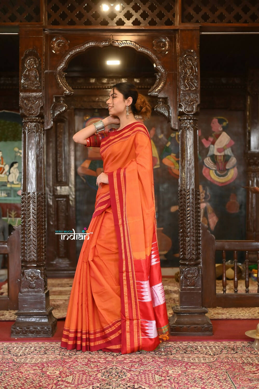 Very Much Indian Handloom Cotton Viscose Ilkal Saree Bright Orange With Red Border | Swadesiicart