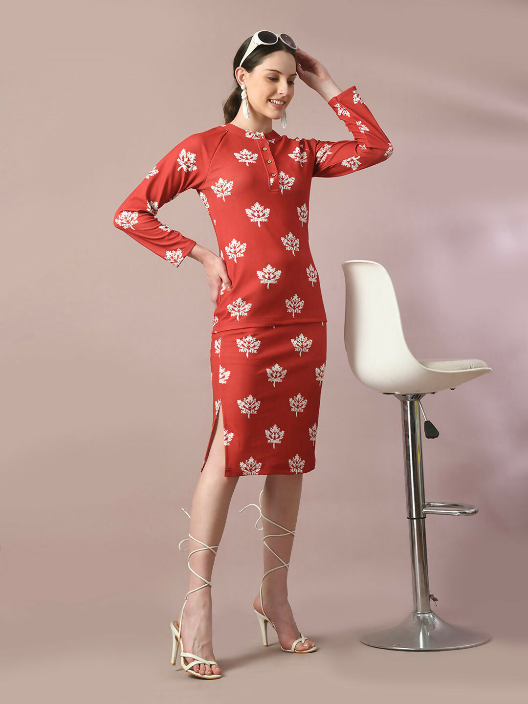 Myshka Women's Rust Printed Round Neck Party Top With Skirt Co-ord set - Swadesiicart