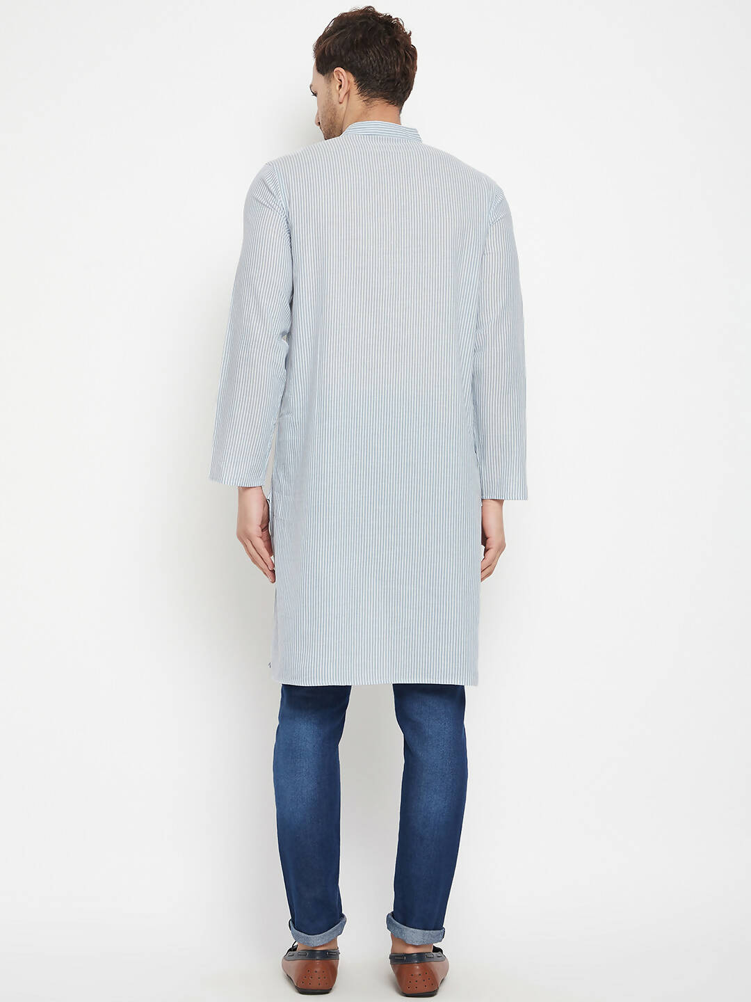 Even Apparels Grey Pure Cotton Men's Long Kurta With Band Collar | Swadesiicart