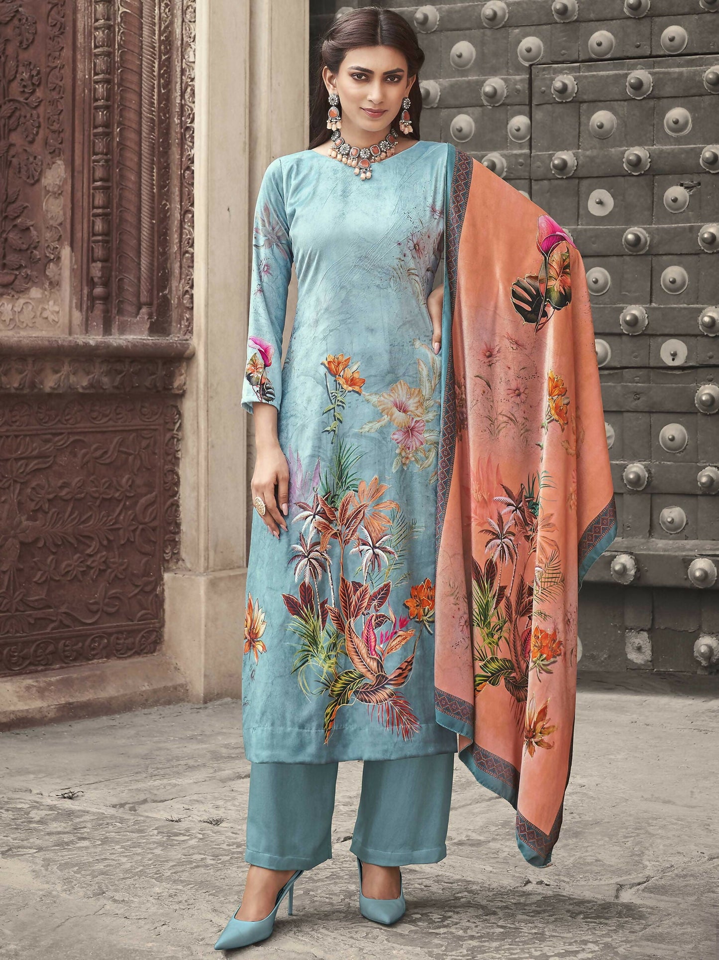 Jyoti Fashion Women's Sky Blue Velvet Floral Digital Printed Kurta with Trouser & Dupatta | Swadesiicart