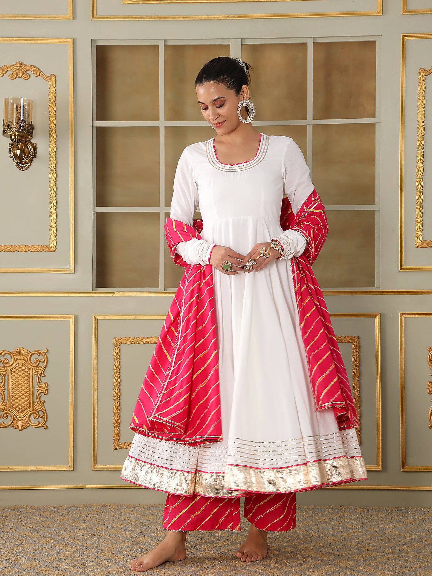 Pomcha Jaipur White Saadgi Pink Leheriya White Anarkali Set | Swadesiicart