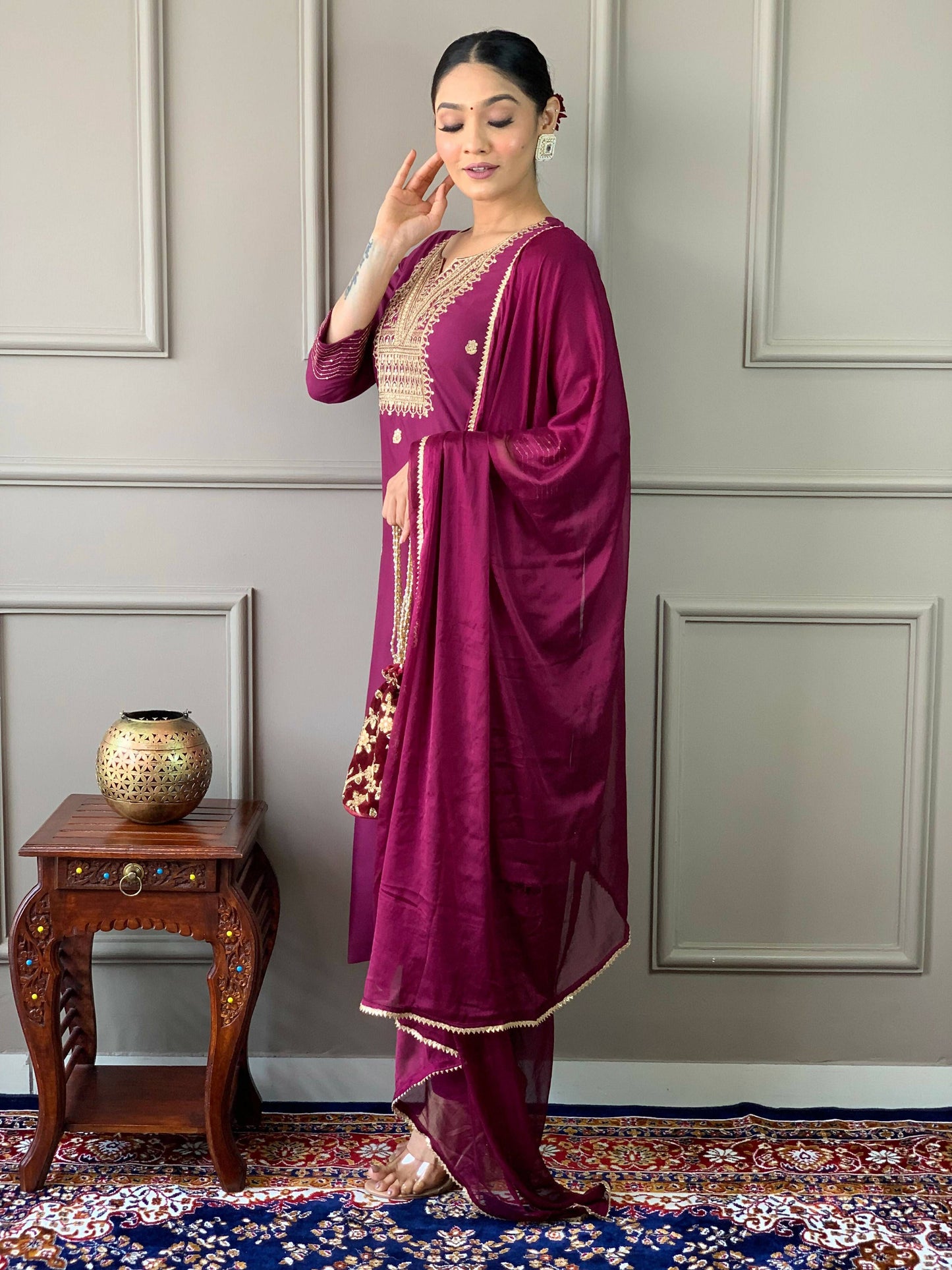 Partywear Designer Rayon Slub Wine Stitched Suit With Dupatta - Tanisha | Swadesiicart