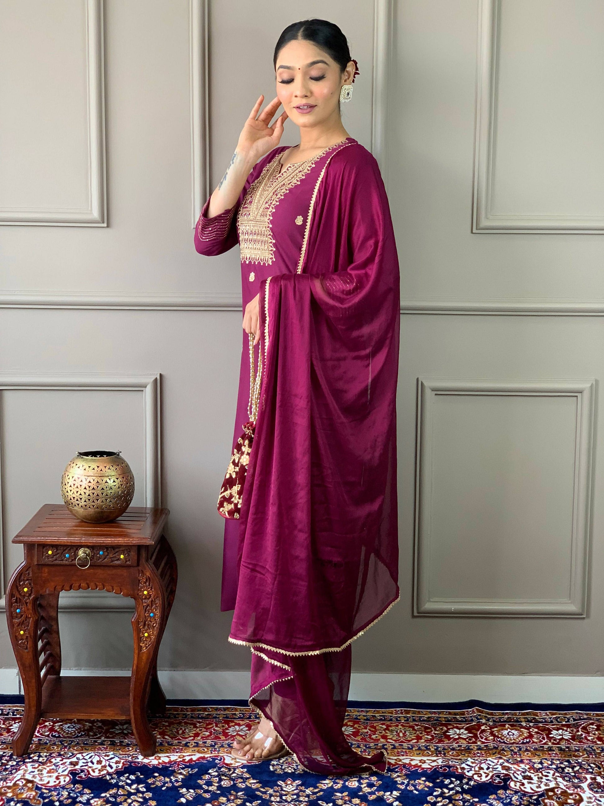 Partywear Designer Rayon Slub Wine Stitched Suit With Dupatta - Tanisha | Swadesiicart