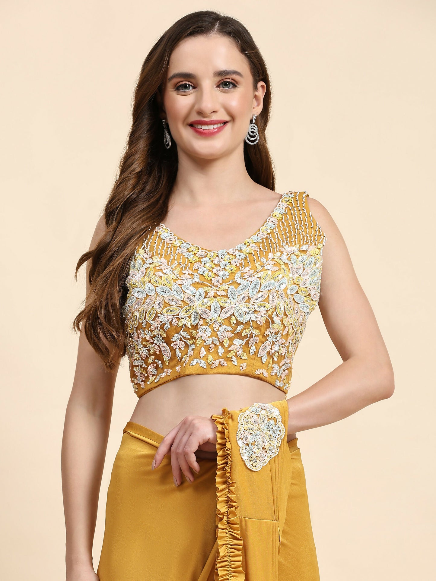 Yellow Lycra Solid Ready to wear Saree with stitched Blouse - Vanita | Swadesiicart