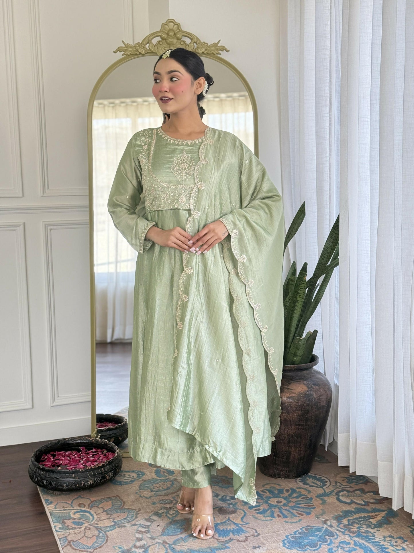 The52 Pista Women's Gorgeous Embroidered Vichitra Silk Fabric Flared Kurta Pant with Dupatta Set - Swadesiicart