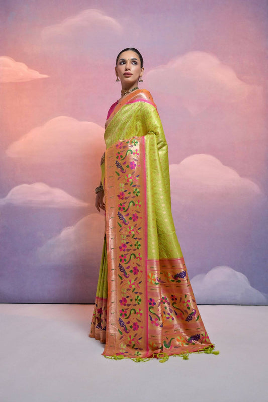 Vishnu Weaves Women's Mahendi Paithani Silk Zari Woven Saree with Blouse - Swadesiicart