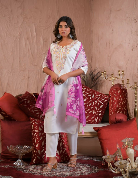 Ethnic Festive Wear Viscose Chanderi White Stitched Suit With Dupatta - Tanisha | Swadesiicart