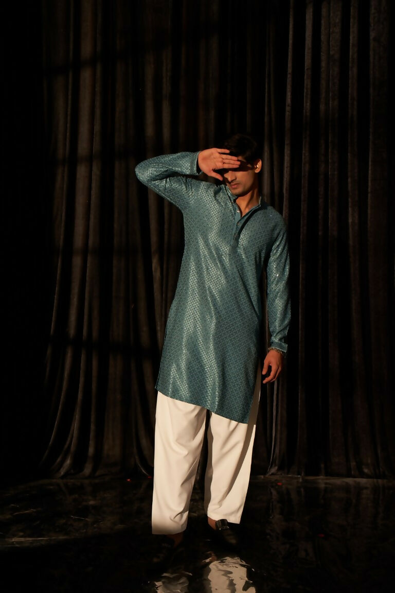 Blue viscose Chikankari Embroidery Work Men's Traditional Kurta Set - Mahotsav | Swadesiicart