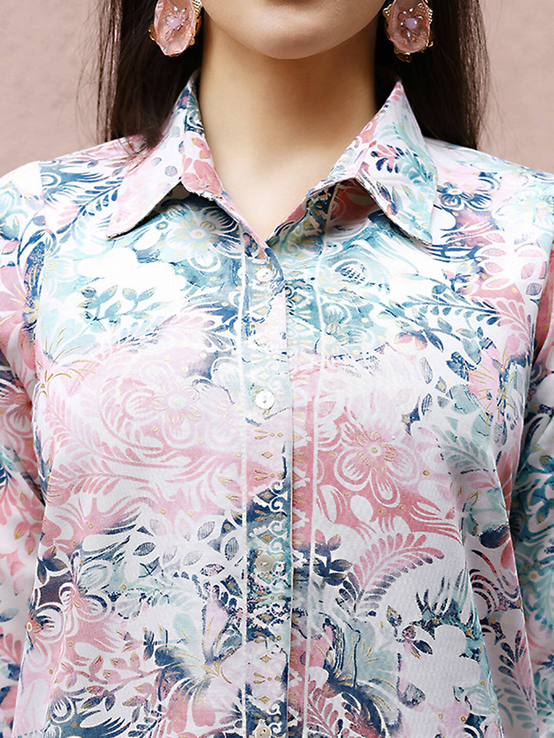 Blue & Pink Rayon Floral Printed Top with Matching Bottom - Eesha - Swadesiicart