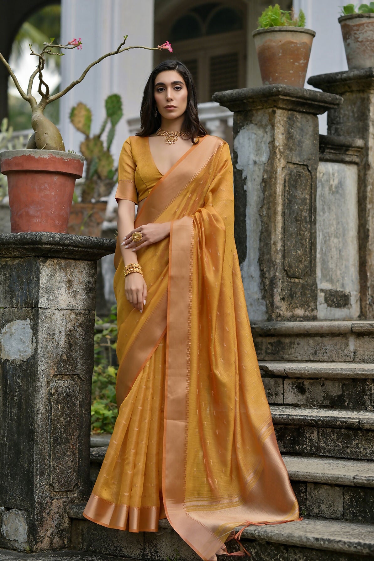 Vishnu Weaves Women's Yellow Soft Tissue Silk Zari Woven Saree with Blouse - Swadesiicart