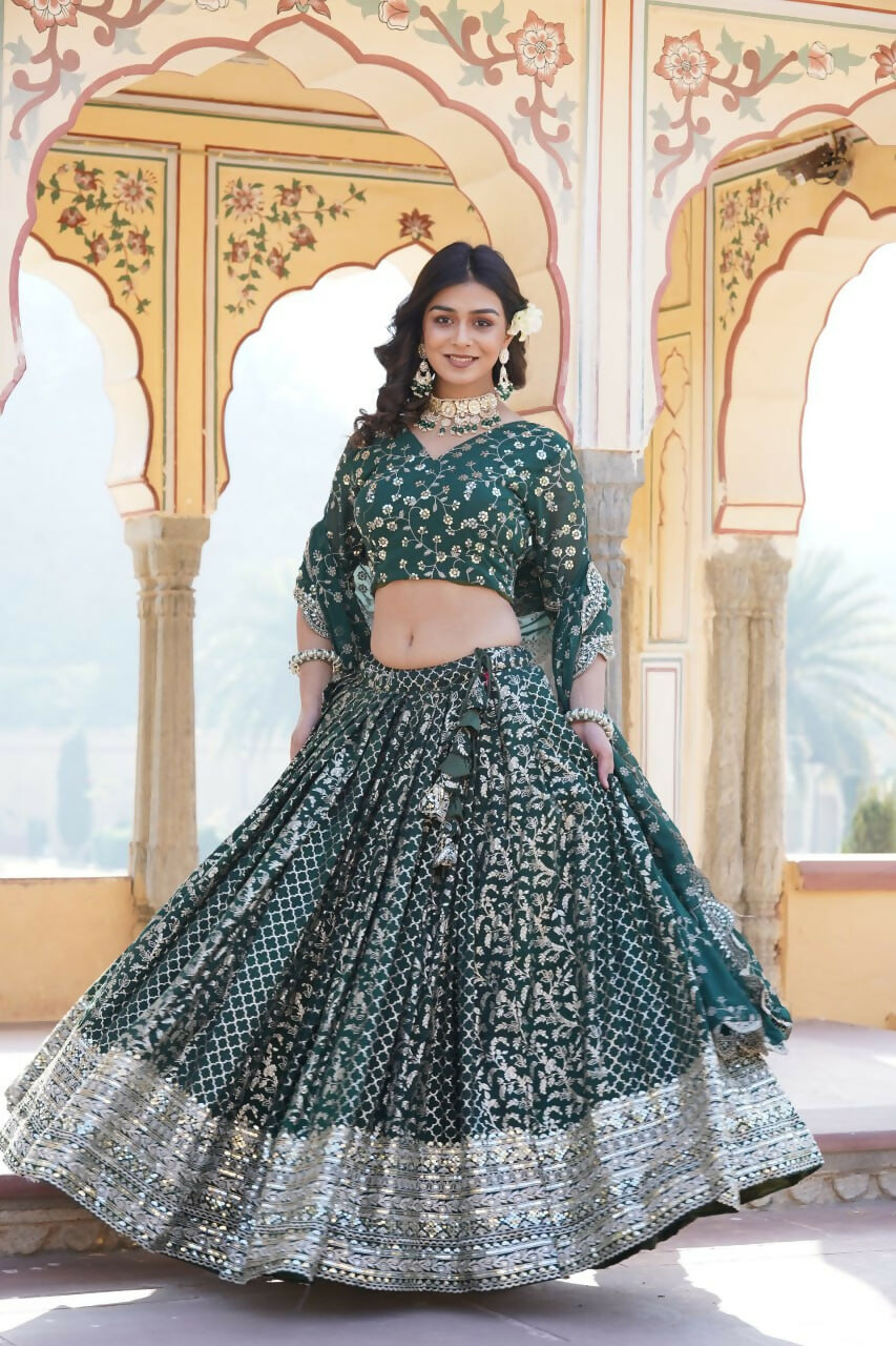 Lorenvalley Green Pure Viscose Jacquard With Embroidered Sequins work Lehenga Choli | Swadesiicart
