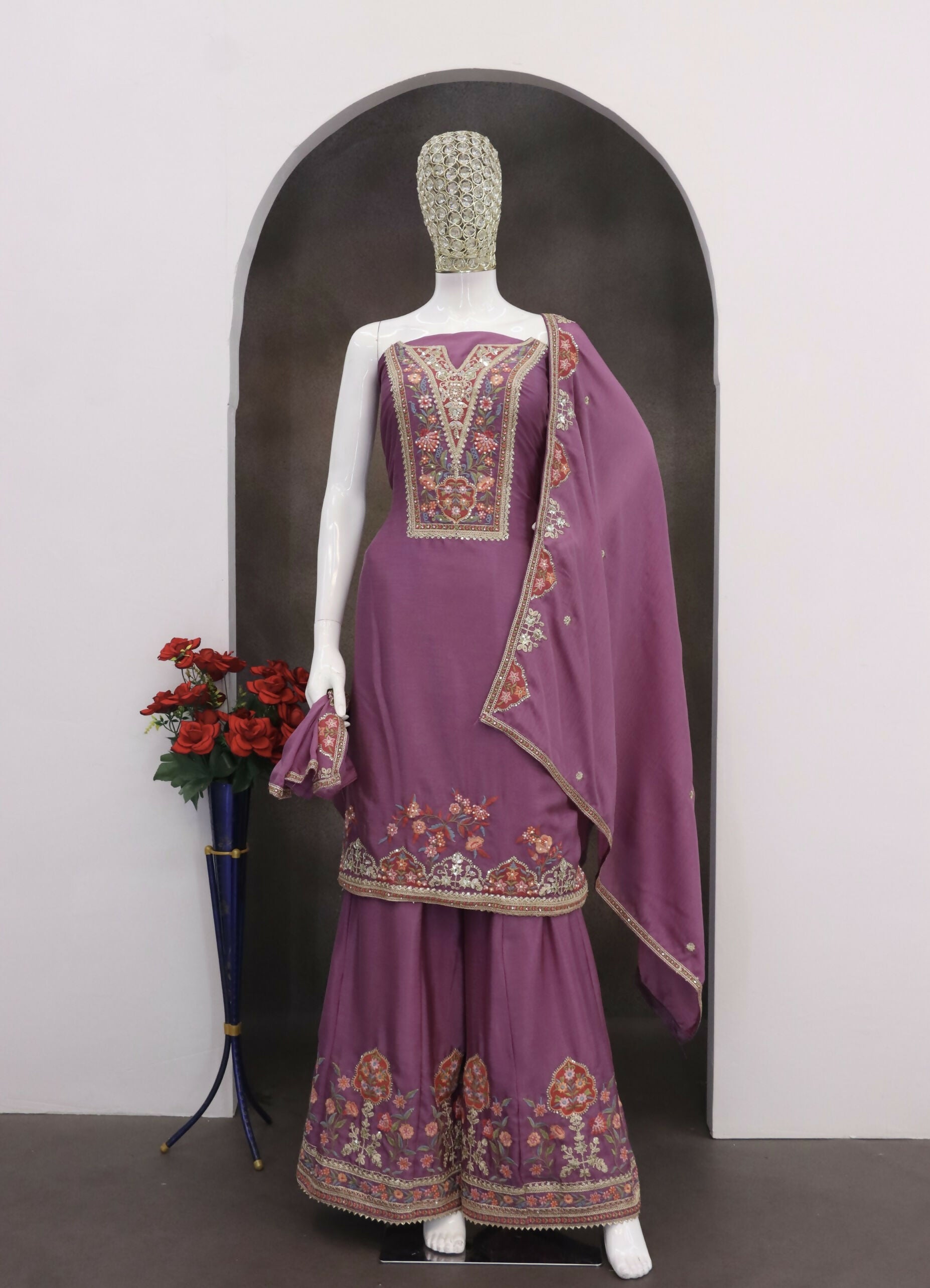 Anaita Purple Chinon Stitched Suit with Embroidery Sequence Work