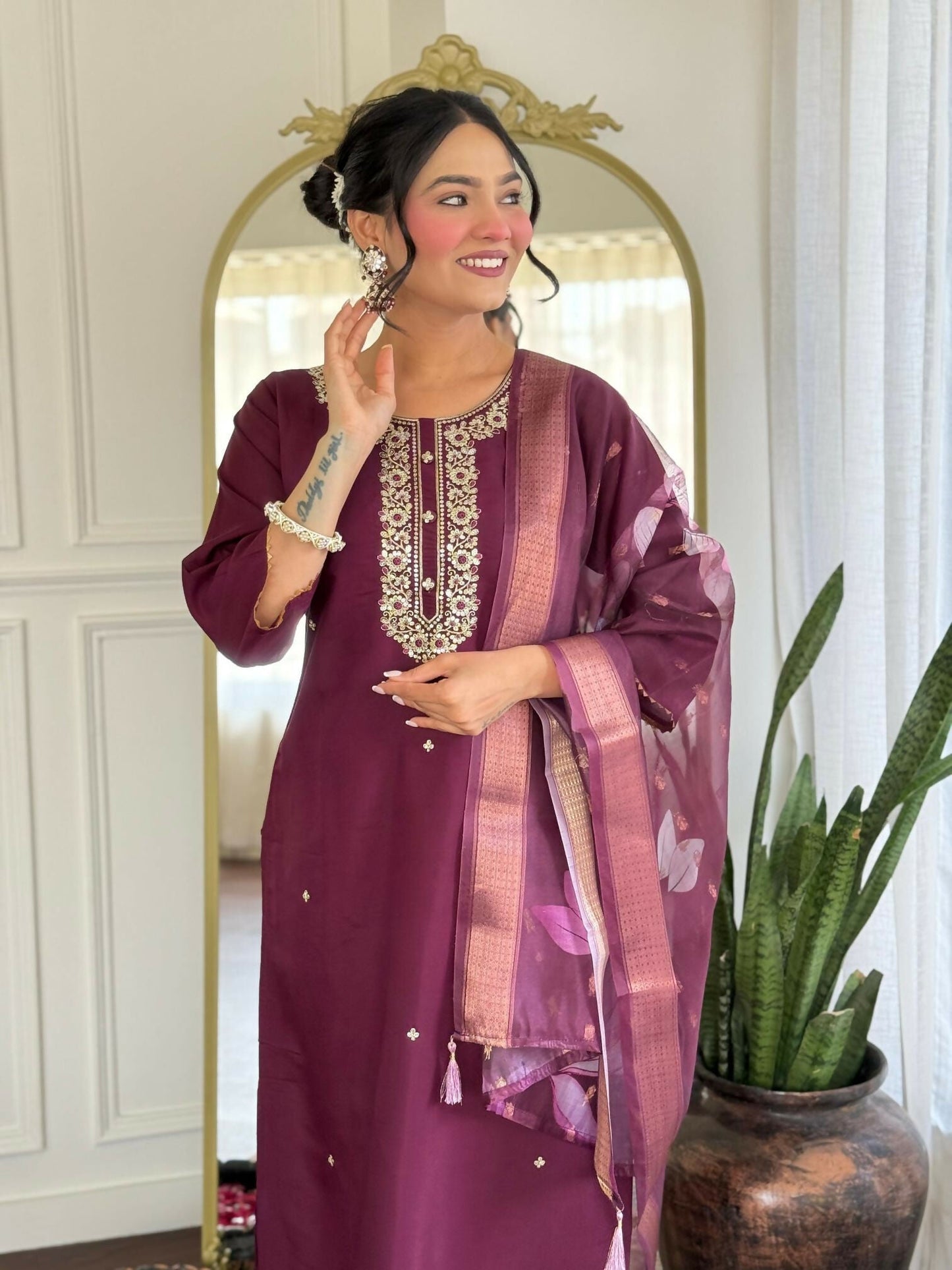 The52 Wine Women's Gorgeous Rayon Fabric Embroidered Work Straight Kurta Pant and Dupatta Set - Swadesiicart