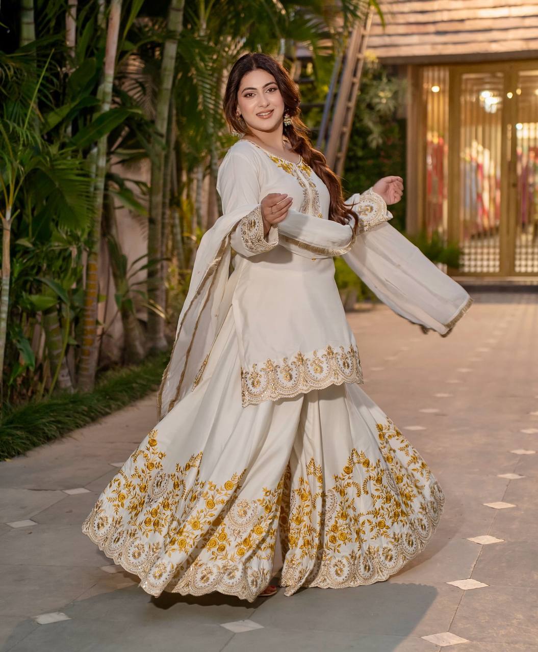 Prazu Fashion White French Crepe Thread Embroidered Palazzo Suit - Swadesiicart