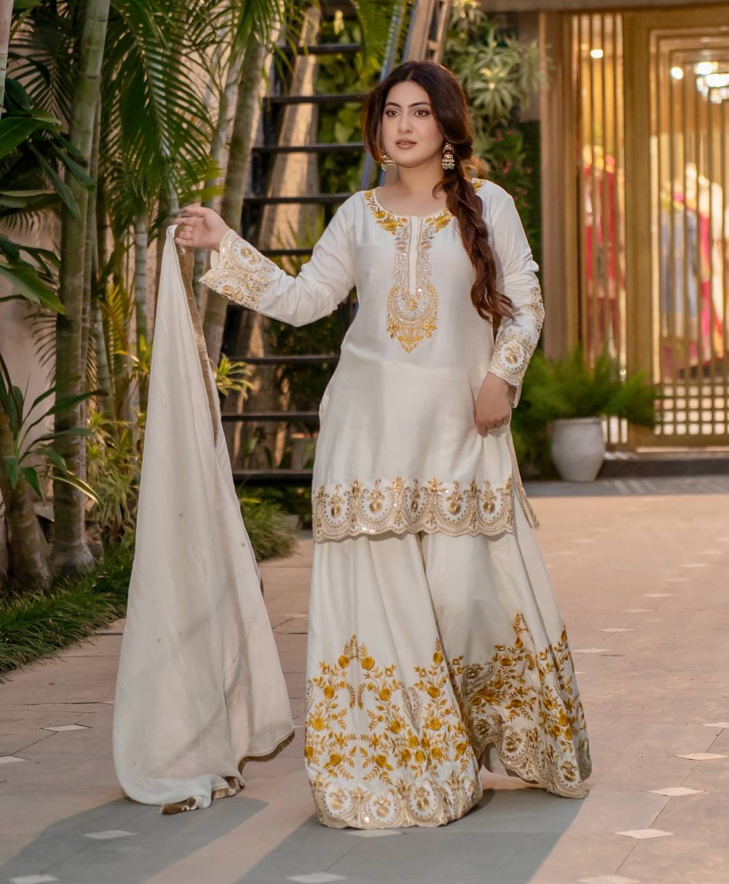 Prazu Fashion White French Crepe Thread Embroidered Palazzo Suit - Swadesiicart