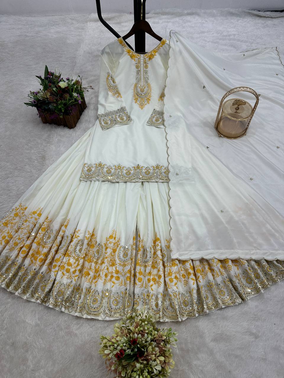 Prazu Fashion White French Crepe Thread Embroidered Palazzo Suit - Swadesiicart