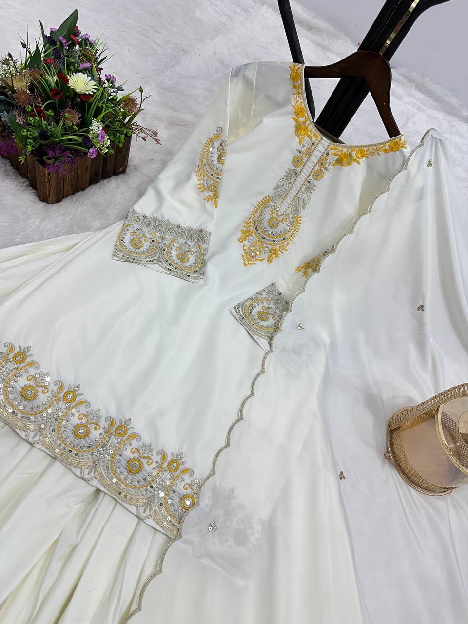 Prazu Fashion White French Crepe Thread Embroidered Palazzo Suit - Swadesiicart