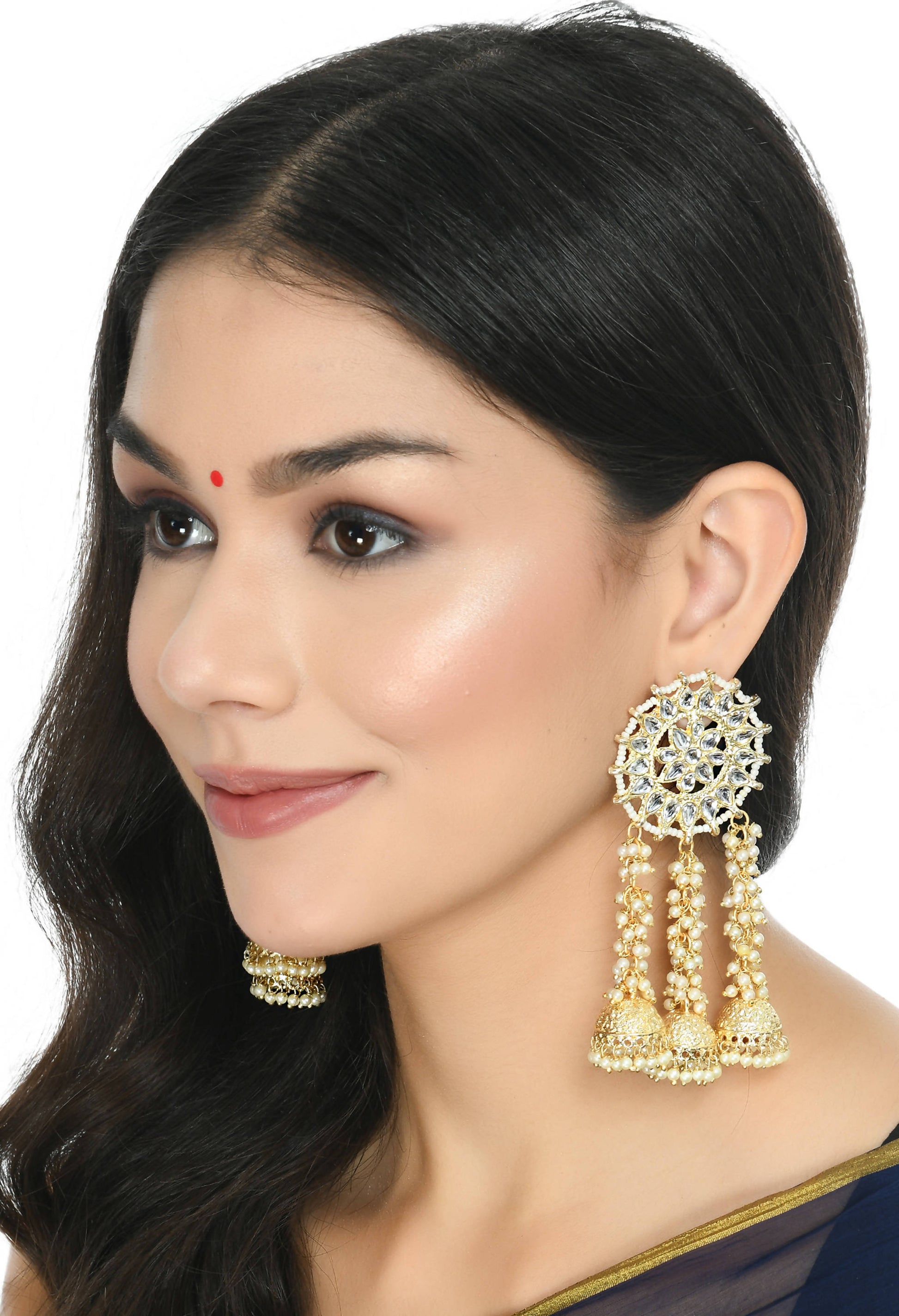 Mominos Fashion Johar Kamal Golden Plated Earrings With Kundan & Pearls - Swadesiicart