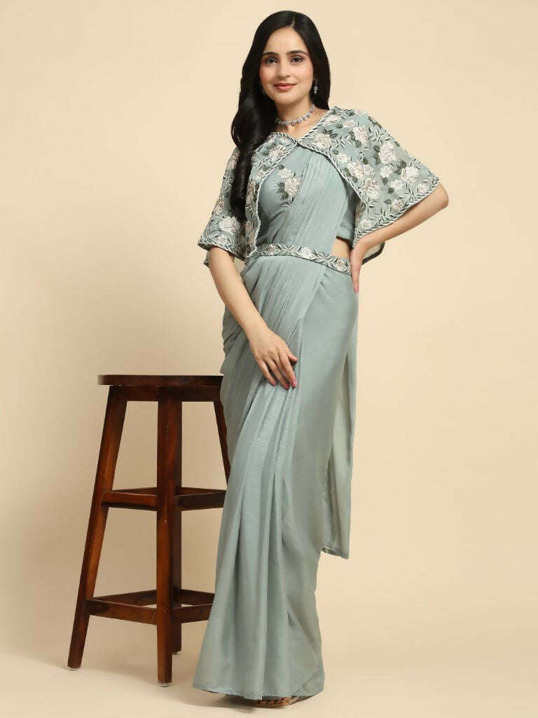 Sea Green Chiffon Solid Ready to wear Saree with stitched Blouse - Aayan | Swadesiicart