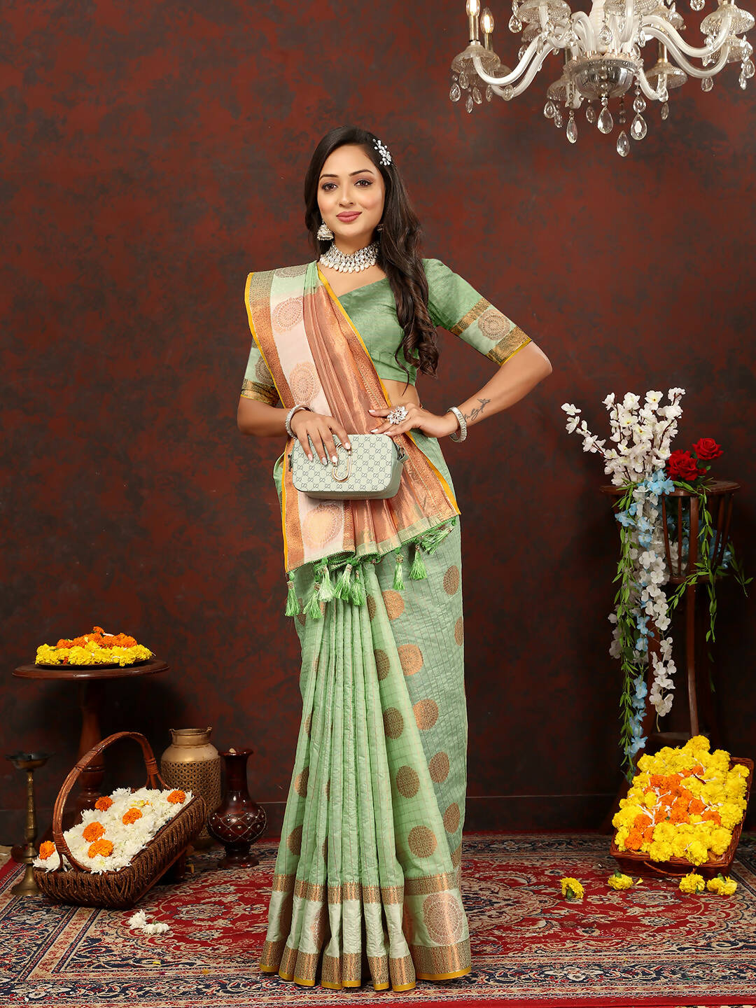 Lorenvalley Fashion Seagreen Cotton with Woven Design Zari Weaving Saree - Swadesiicart