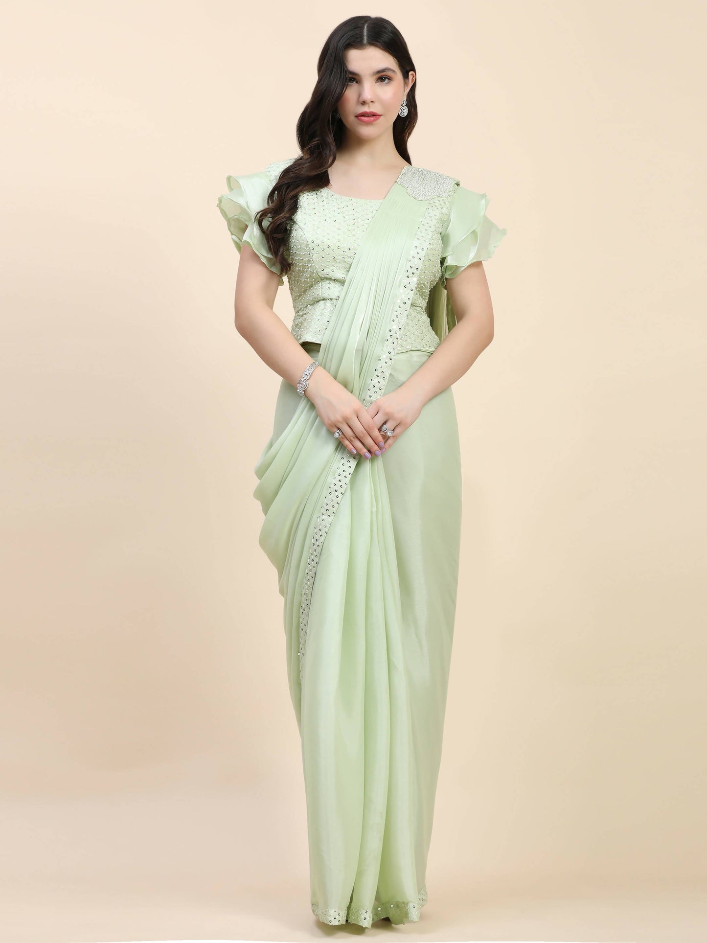 Light Green Silk Satin Sequence Work Ready to Wear Saree with stitched Blouse - Nirvana | Swadesiicart