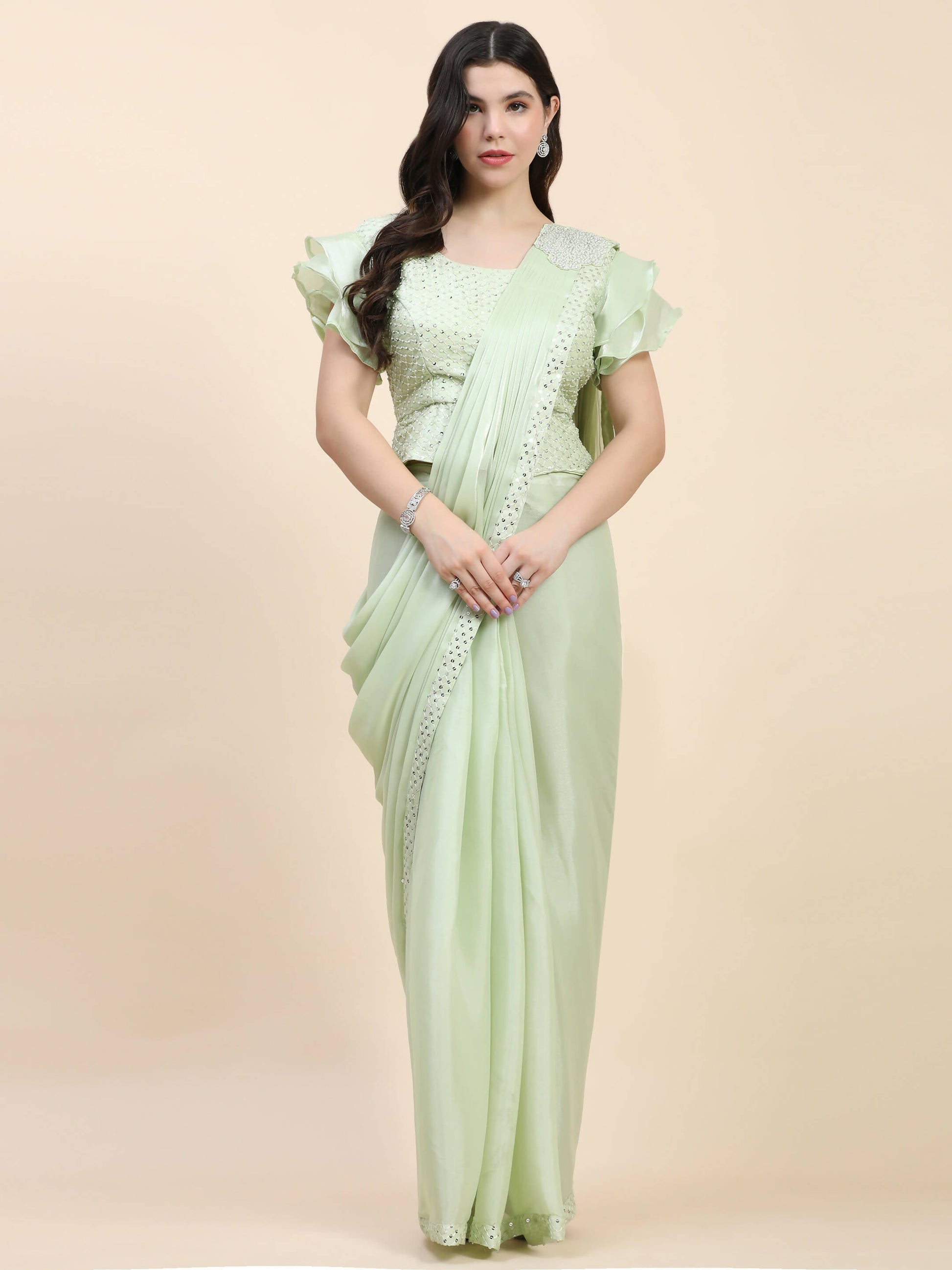 Light Green Silk Satin Sequence Work Ready to Wear Saree with stitched Blouse - Nirvana | Swadesiicart