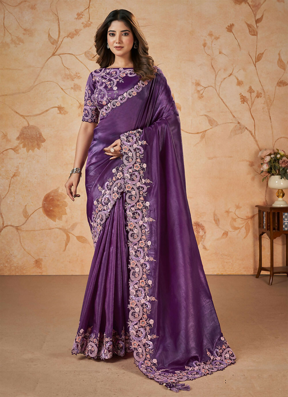 Purple Banarasi Crush Silk Thread, Sequence, Cord Embroidered with Stone & Moti Work Saree - Mohmanthan Dakshika | Swadesiicart