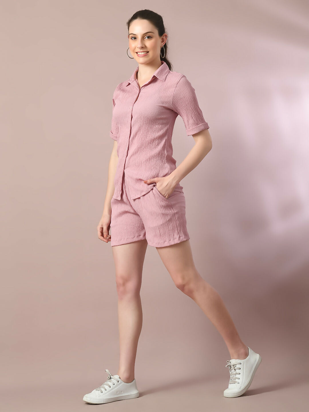 Myshka Women's Pink Solid Shirt Collar Party Shirt With Shorts Co-ord set - Swadesiicart