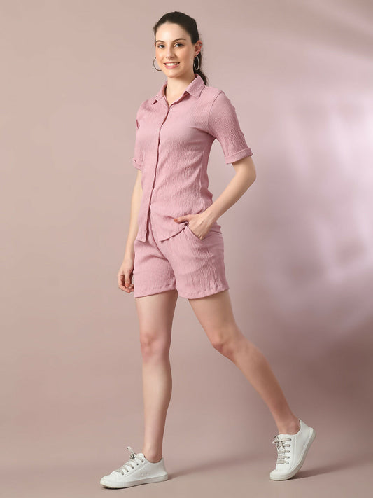 Myshka Women's Pink Solid Shirt Collar Party Shirt With Shorts Co-ord set - Swadesiicart
