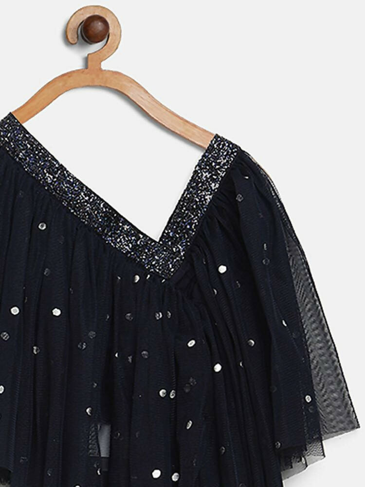 Ahalyaa Navy Blue Net Asymmetric Kids Top With Skirt For Girls | Swadesiicart