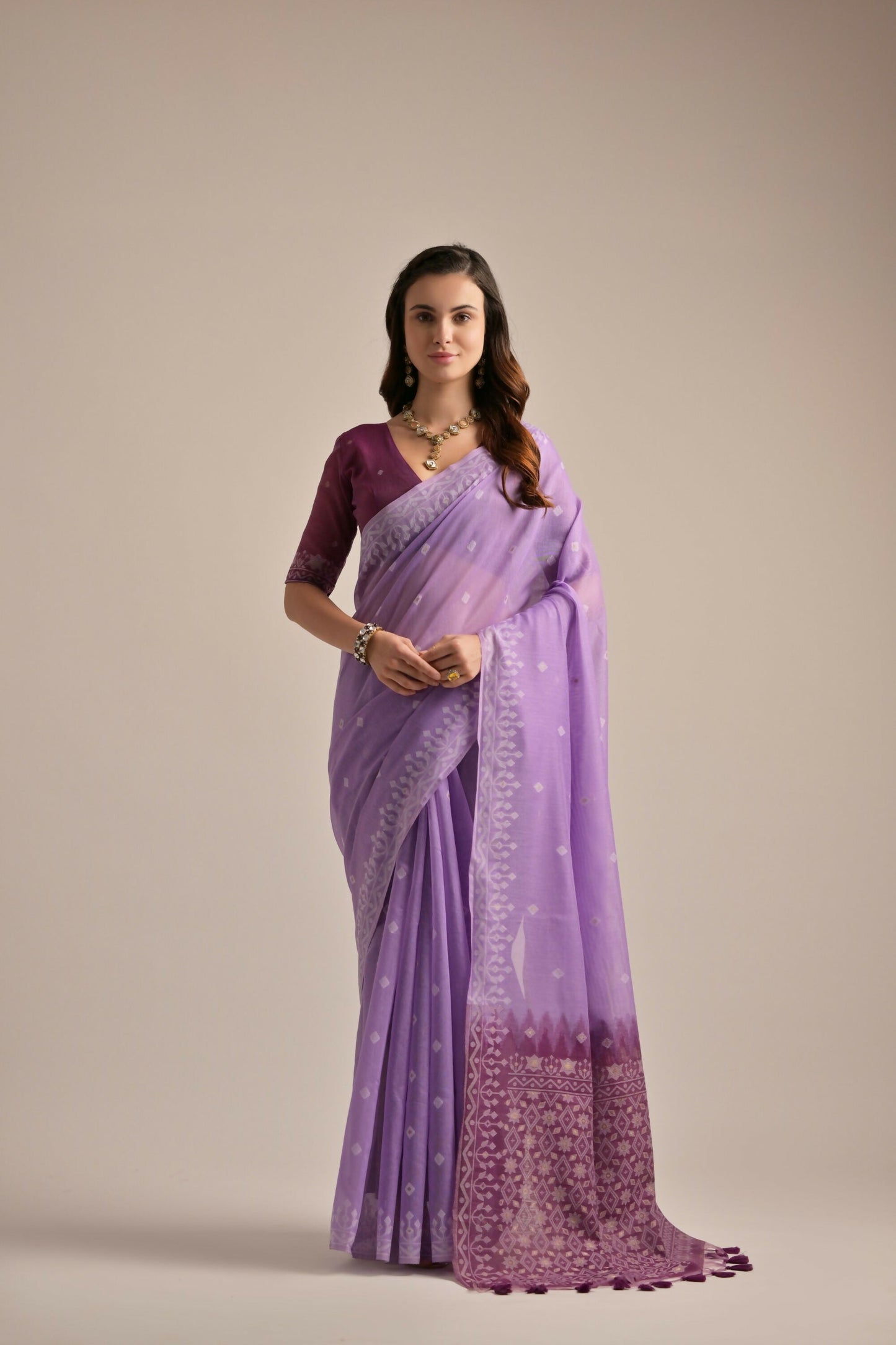 Vishnu Weaves Women's Lavender Muga Cotton Woven Saree with Blouse - Swadesiicart